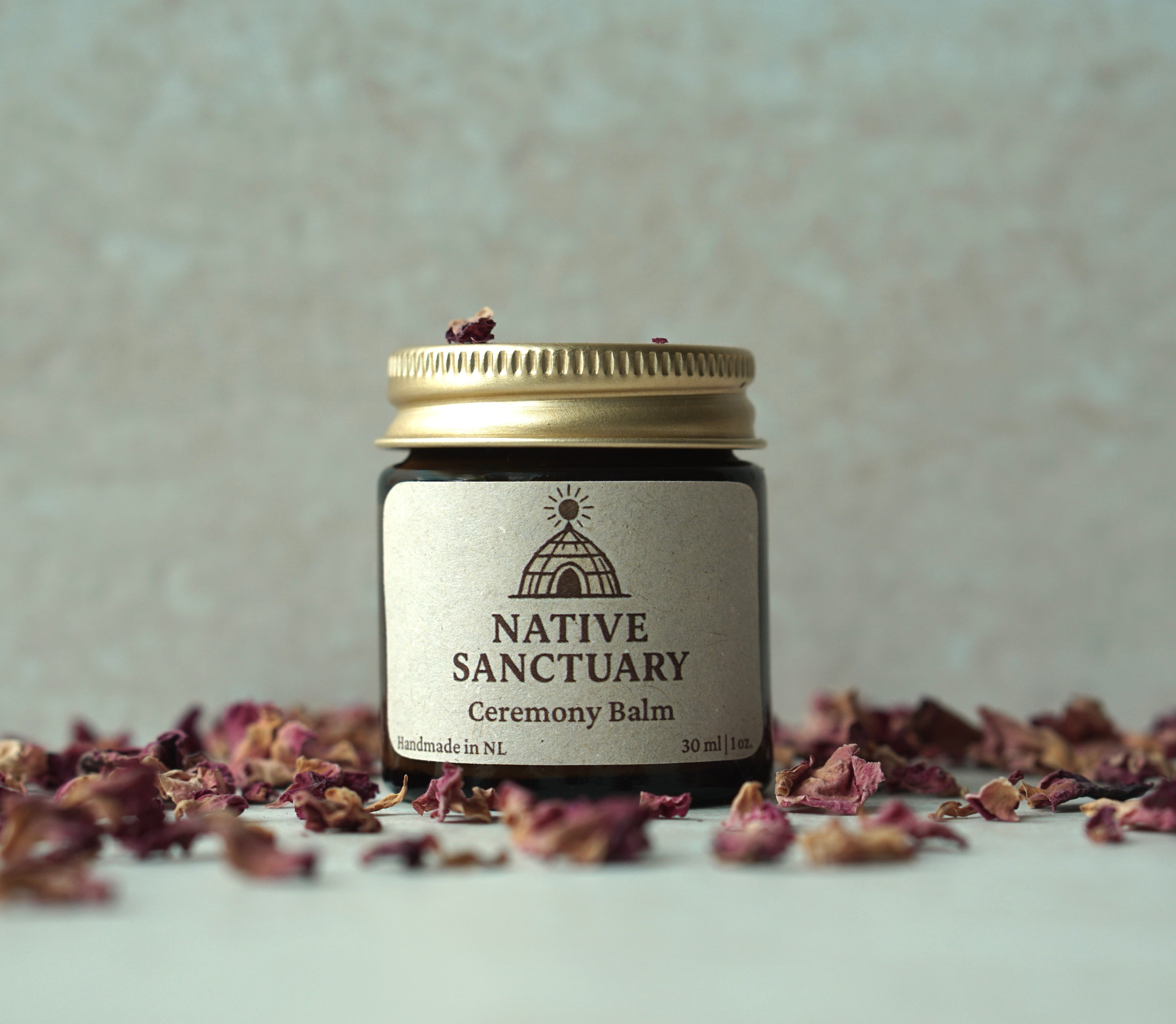 Native Sanctuary Ceremony Balm handmade herbal skincare balm in amber glass jar with gold lid