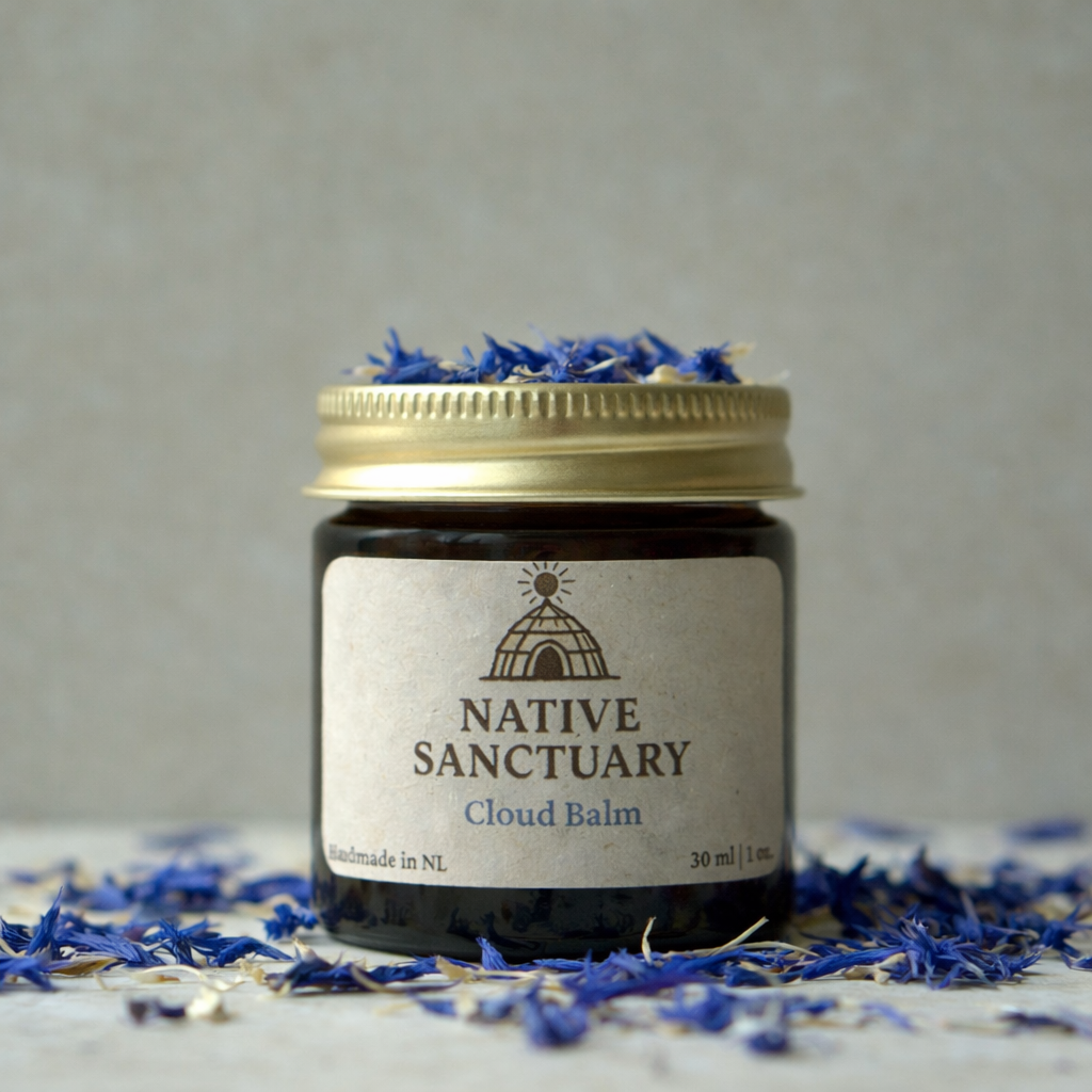 Native Sanctuary Cloud Balm handmade herbal skincare balm in amber glass jar with gold lid