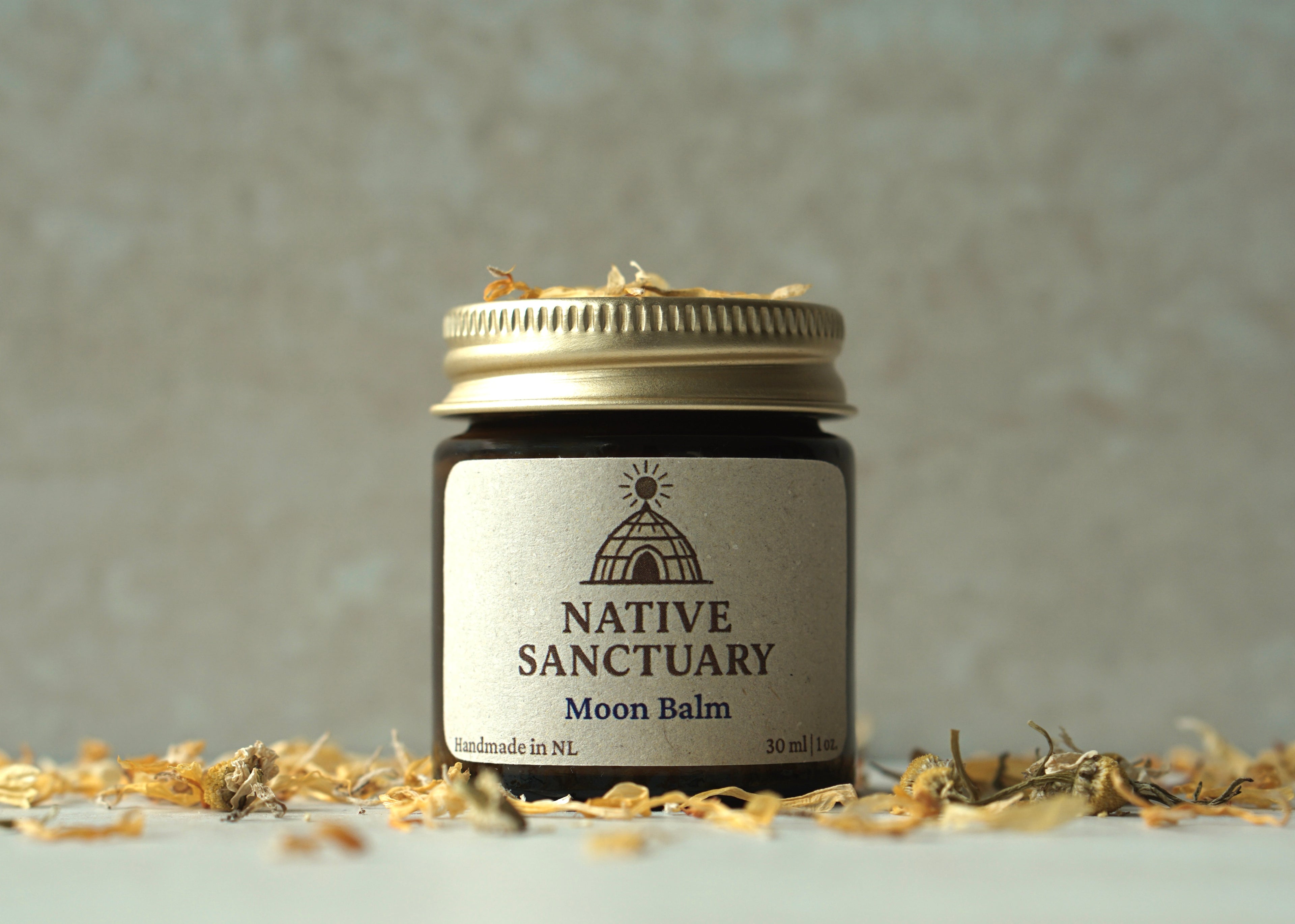 Native Sanctuary Moon Balm handmade herbal skincare balm in amber glass jar with gold lid