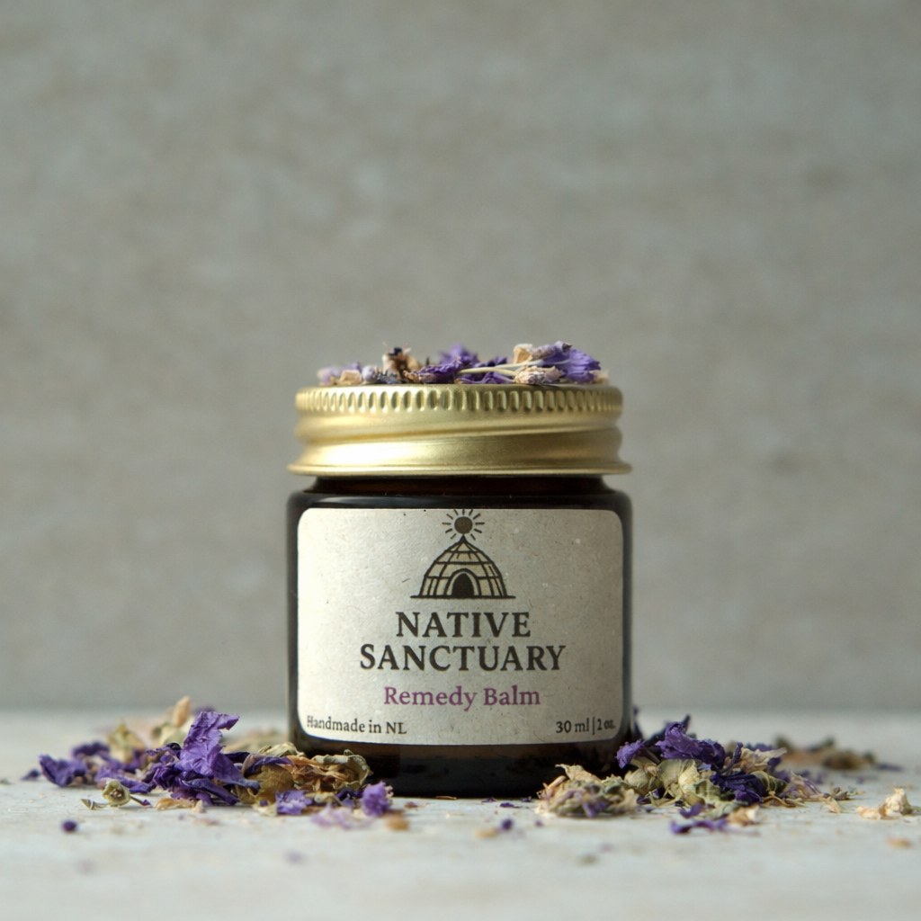 Native Sanctuary Remedy Balm handmade herbal skincare balm in amber glass jar with gold lid